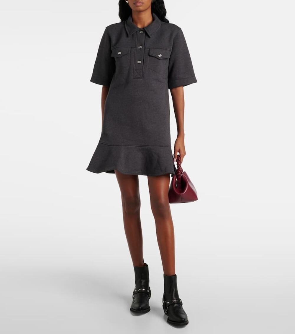 Ganni Charcoal Gray Heavy Fleece Flounce Hem Short Sleeve Polo Mini Dress XXS